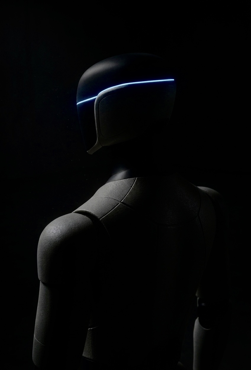 A humanoid figure in near-total darkness, a thin blue light glowing across its visor